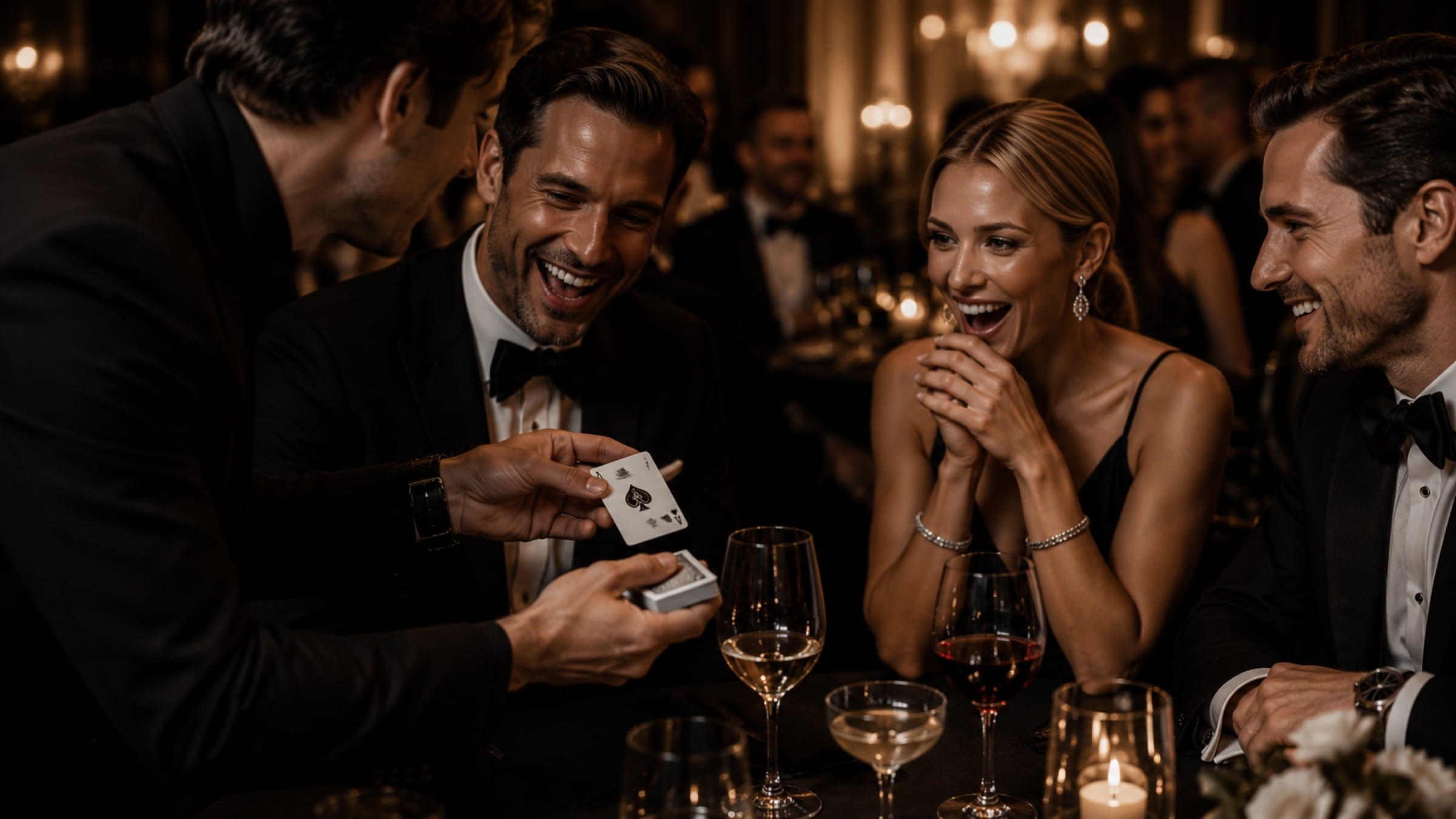 A guest covering her mouth mid-laugh as a card is revealed across a candlelit dinner table.