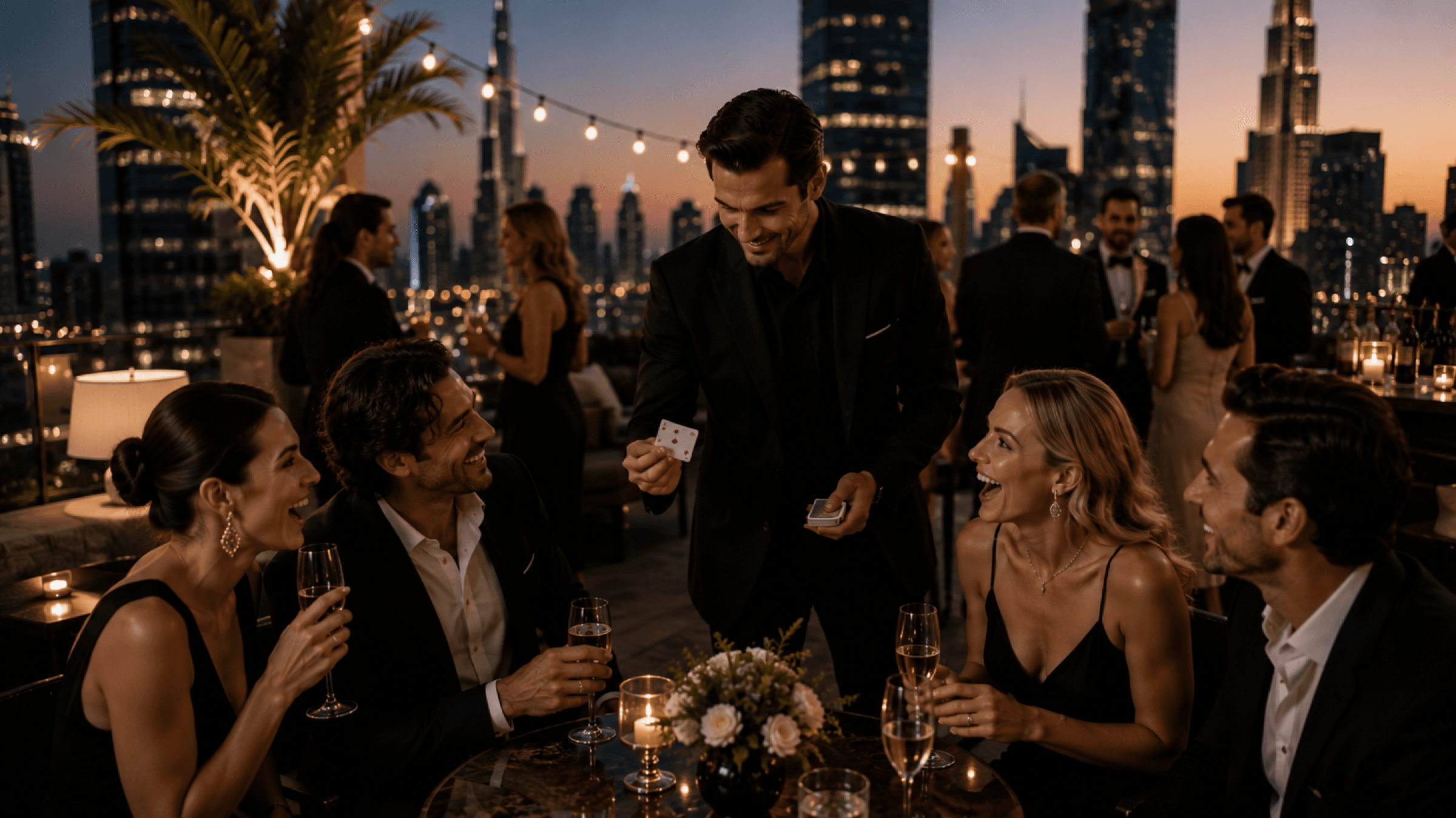 A rooftop reception at dusk above a city skyline, guests laughing as a card is shown.