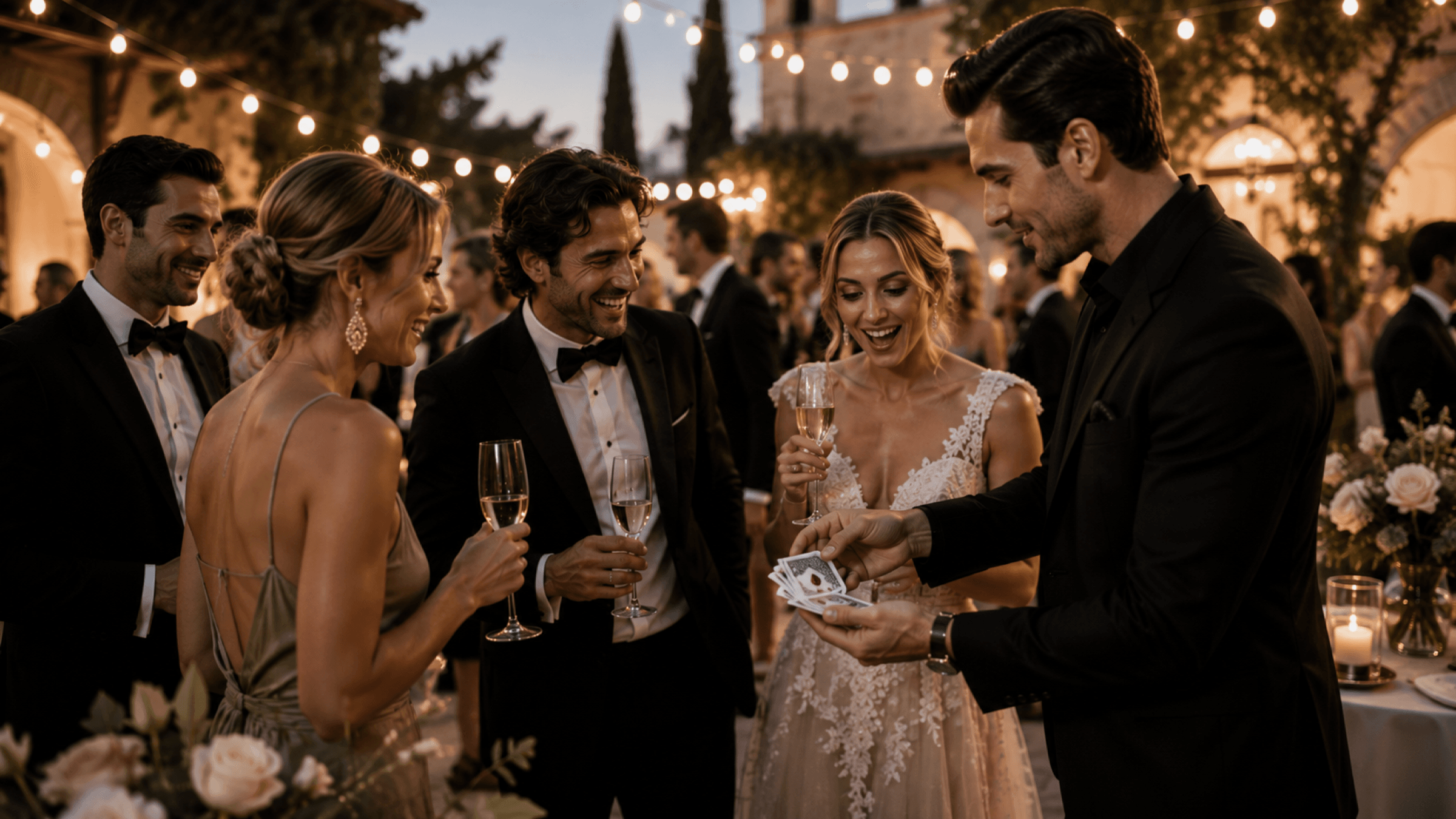 A bride and her guests reacting to close-up magic during a wedding reception under festoon lights.